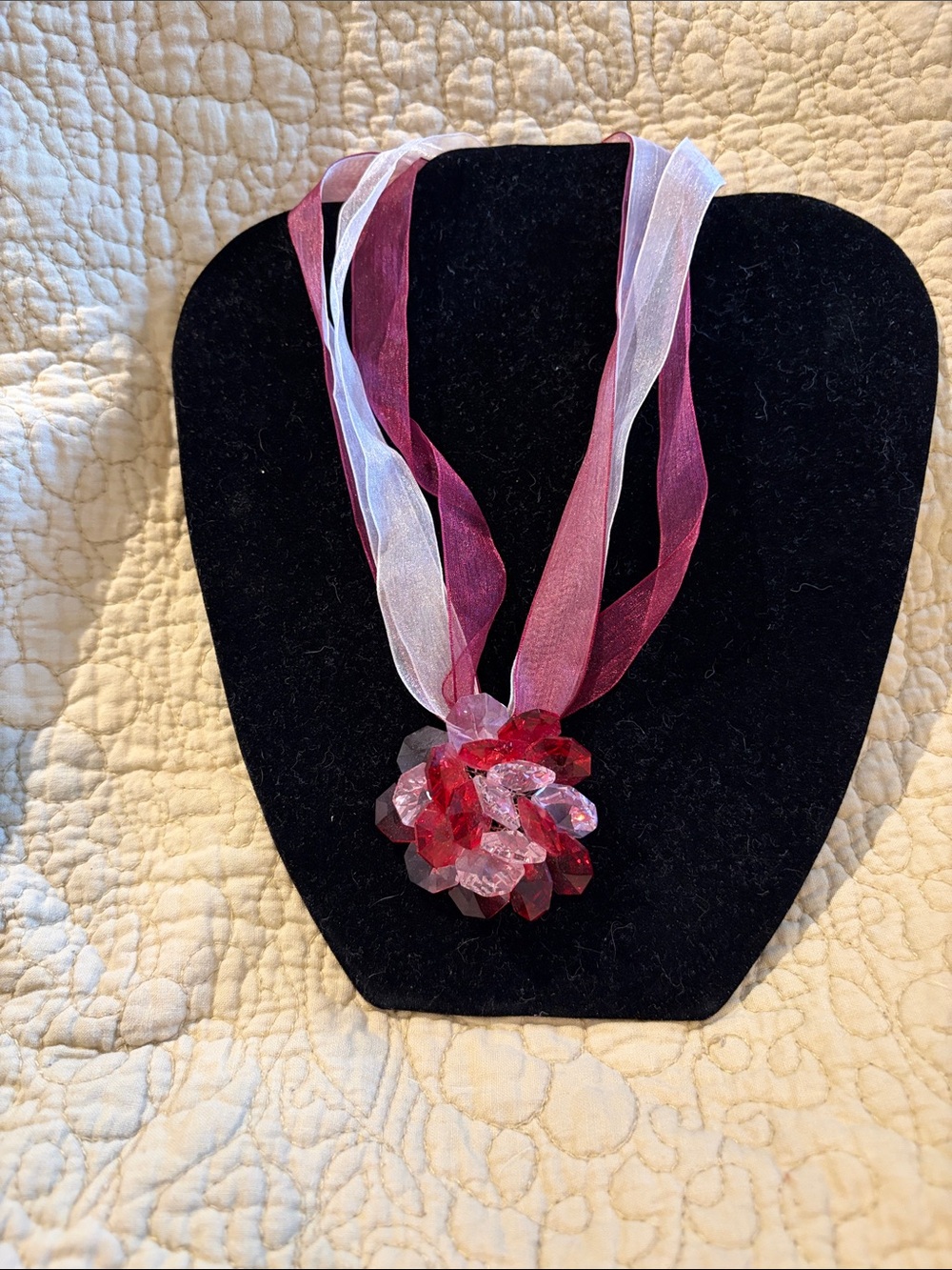 Crystal Cluster Pendant Necklace with Pink Ribbon